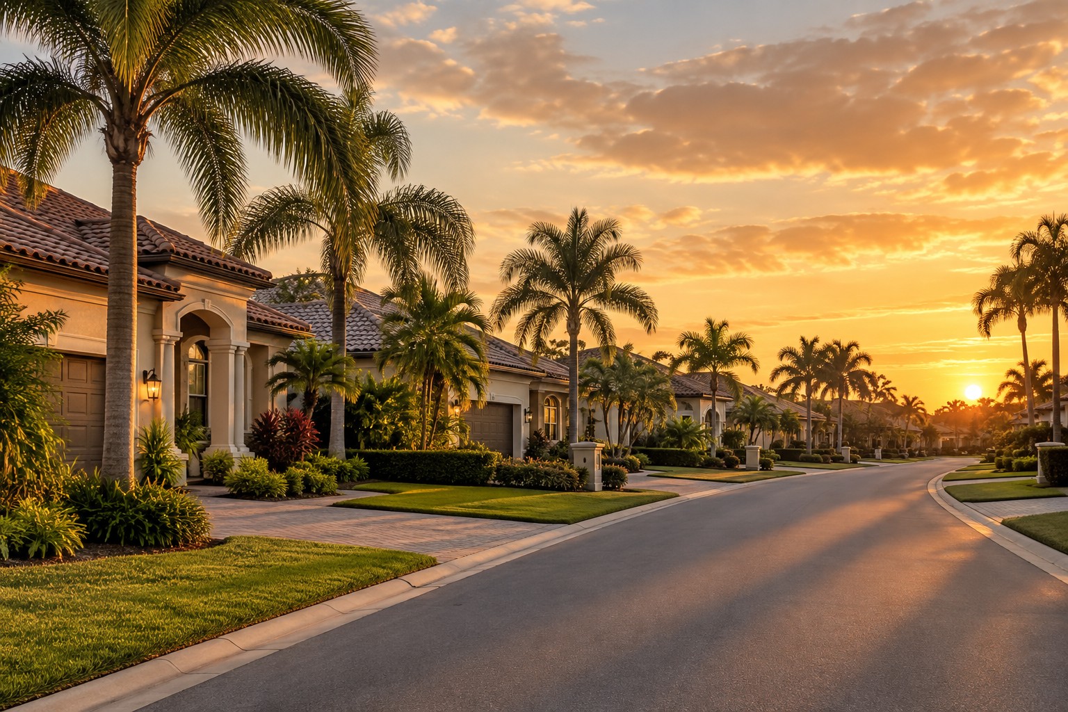 An upscale Tampa Florida neighborhood street at golden hour, illustrative