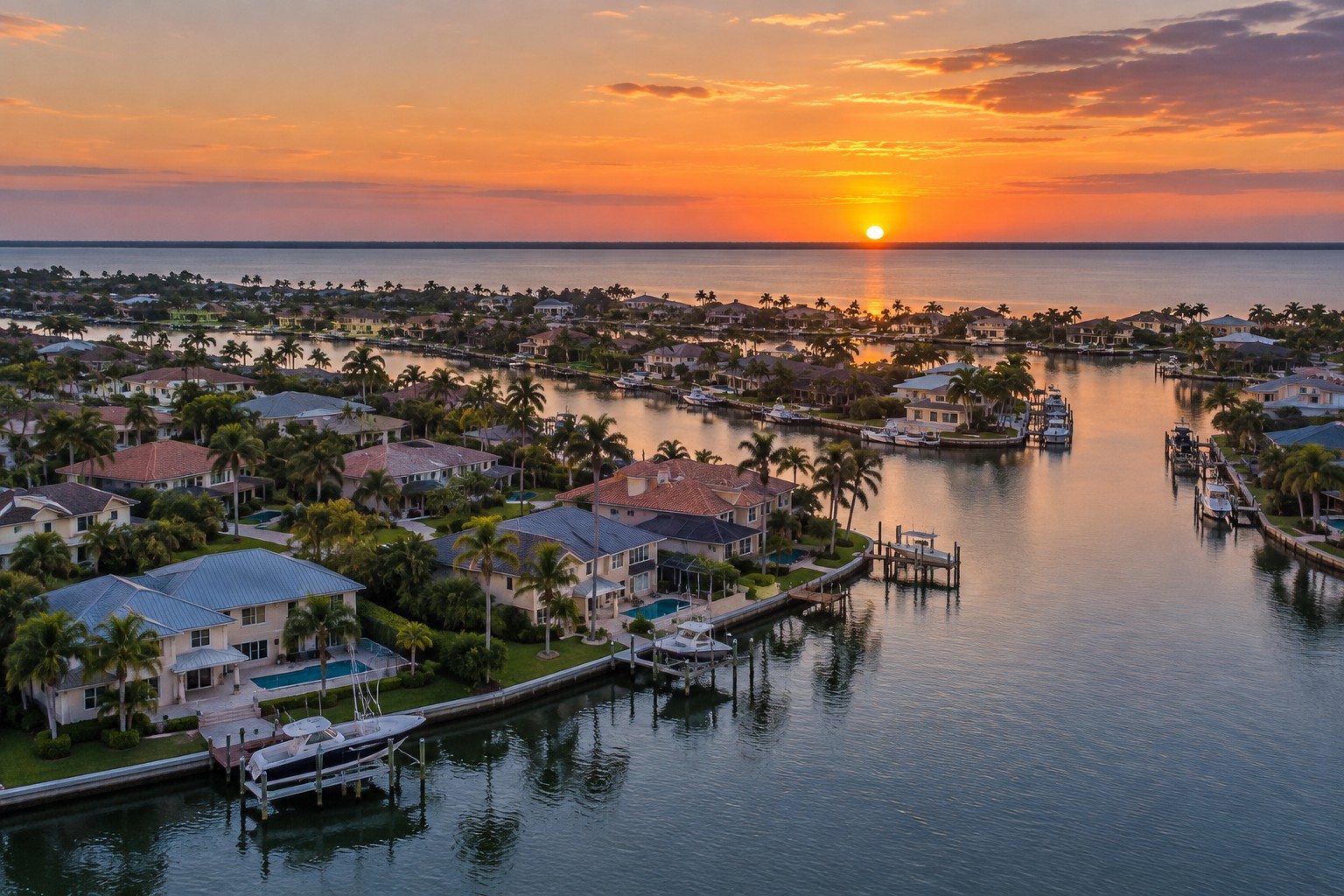 A Tampa Bay waterfront canal community at sunset, illustrative