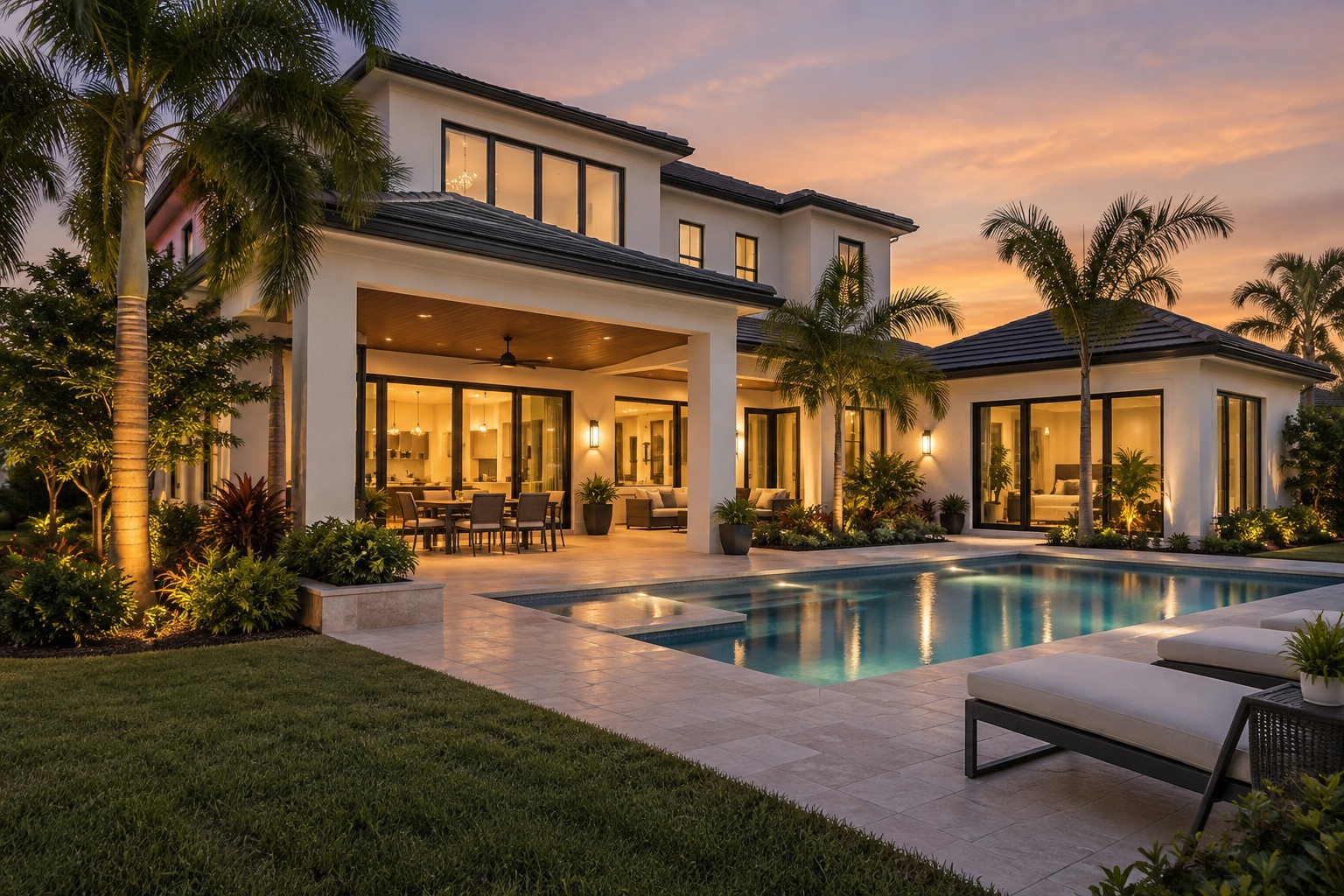 An elegant Tampa Florida home exterior at dusk, illustrative